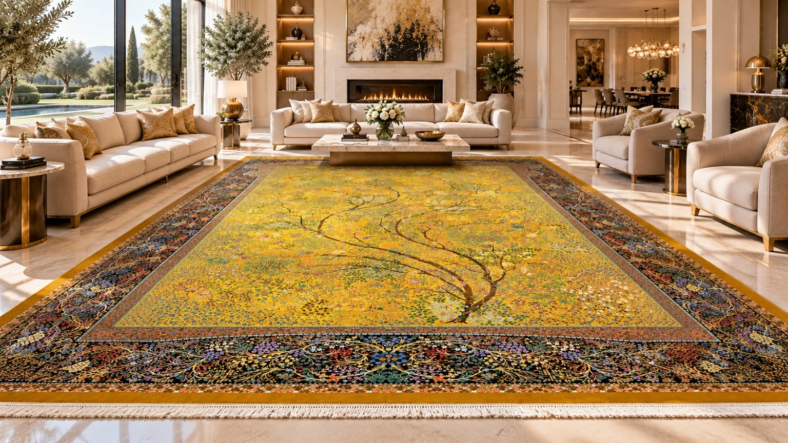 Golden pictorial Persian carpet with tree design in a luxury living room