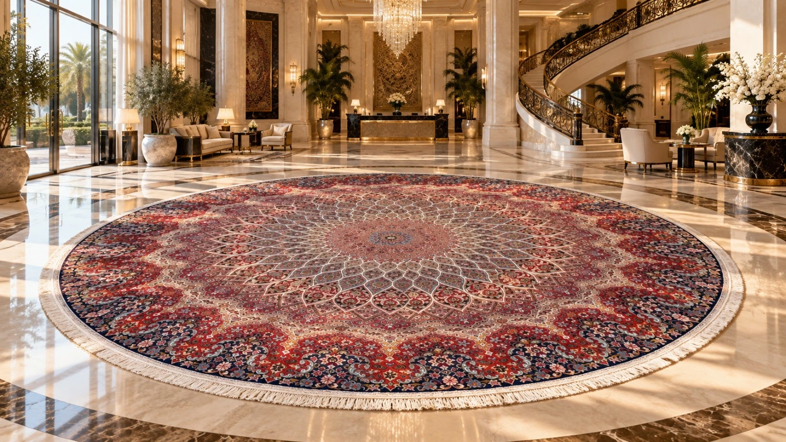 Round red Persian carpet in a grand luxury hall