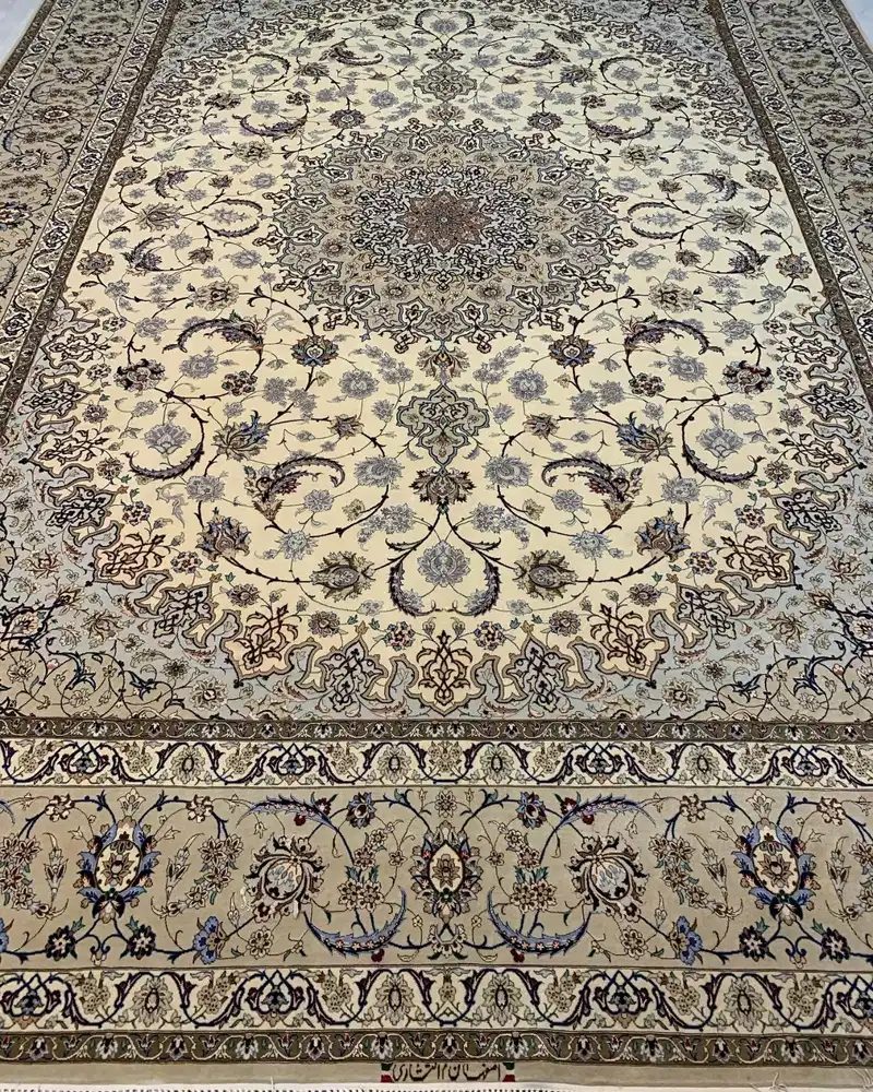 سجادة أصفهان فارسية معقودة يدوياً — ميدالية أرابيسك كبيرة عاجية فضية — 300 × 400 cm, PRR-IS-047