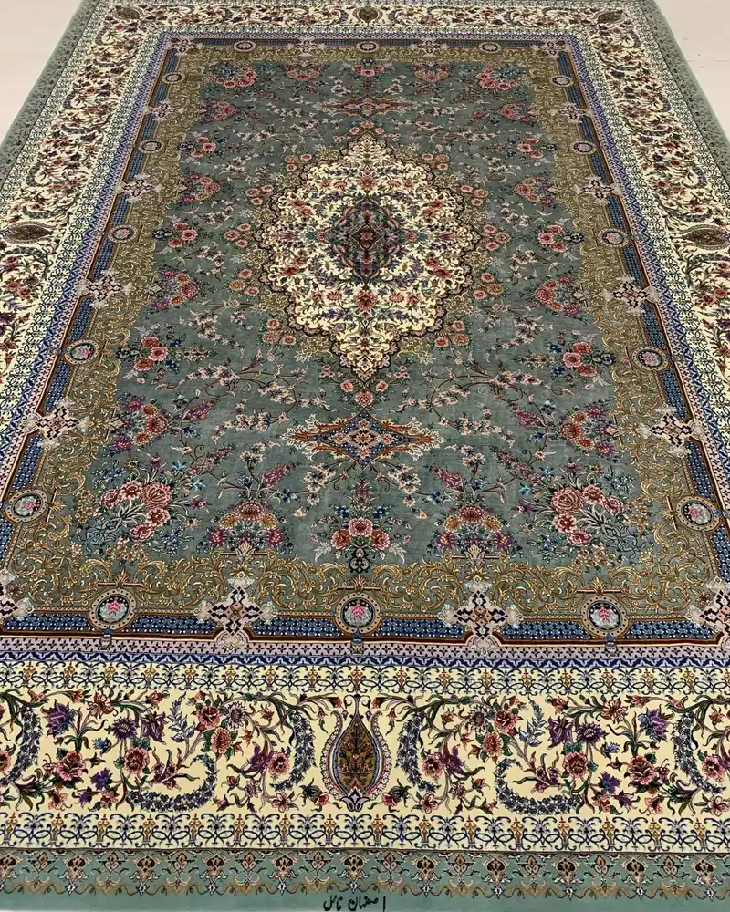 سجادة أصفهان فارسية معقودة يدوياً — ميدالية زهرية كبيرة فضية مريمية — 262 × 364 cm, PRR-IS-056