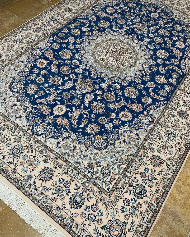 Midnight Navy Ivory Rosette Medallion — 200 × 300 cm — angle view