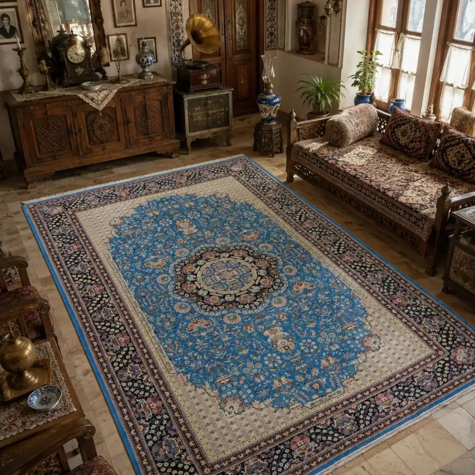 Azure Paradise Medallion — Handmade Kashan Carpet shown in an interior setting
