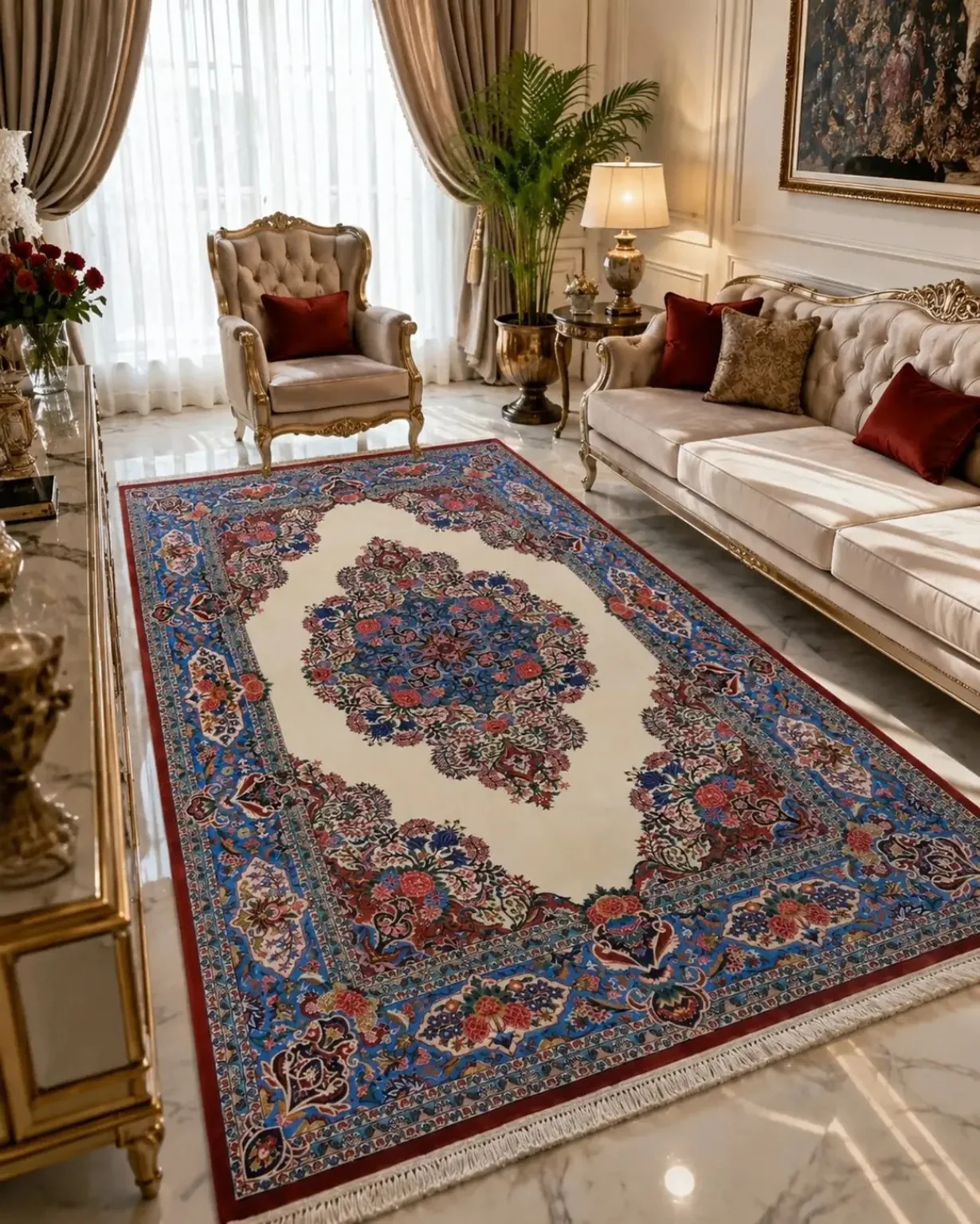 Ivory Royal Harmony — Handmade Kashan Carpet shown in an interior setting