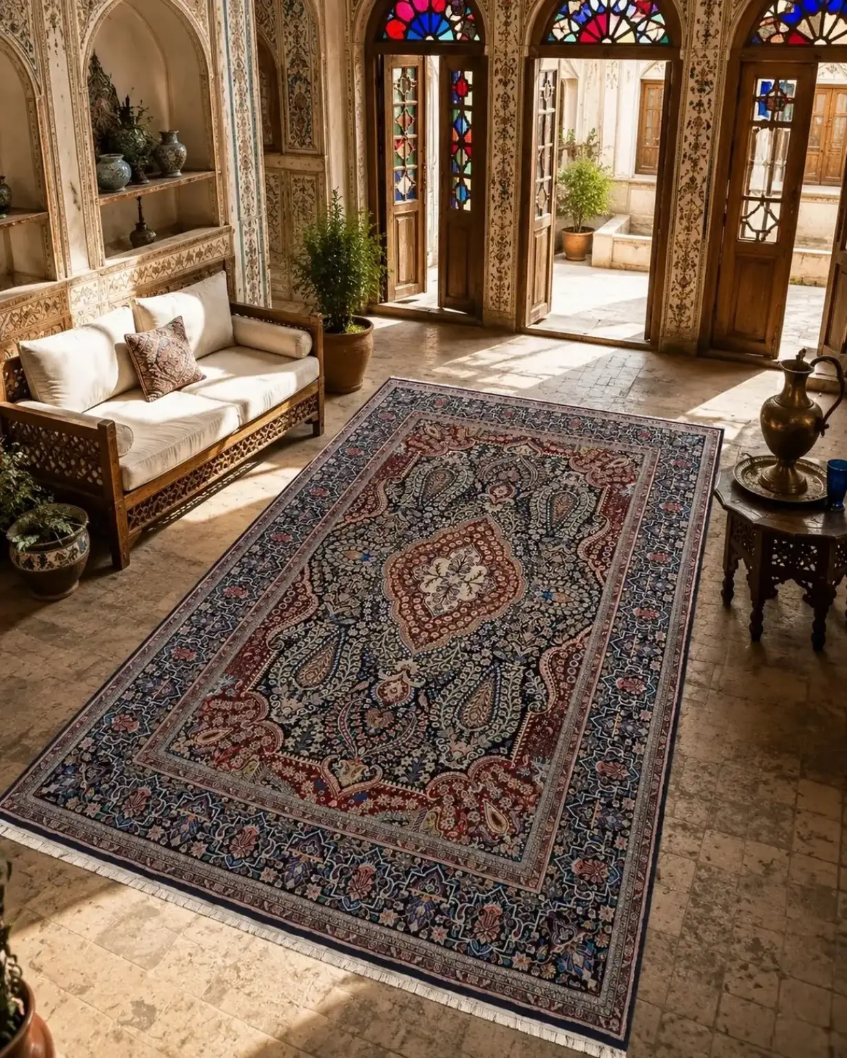 Imperial Paisley Elegance — Handmade Kashan Carpet shown in an interior setting