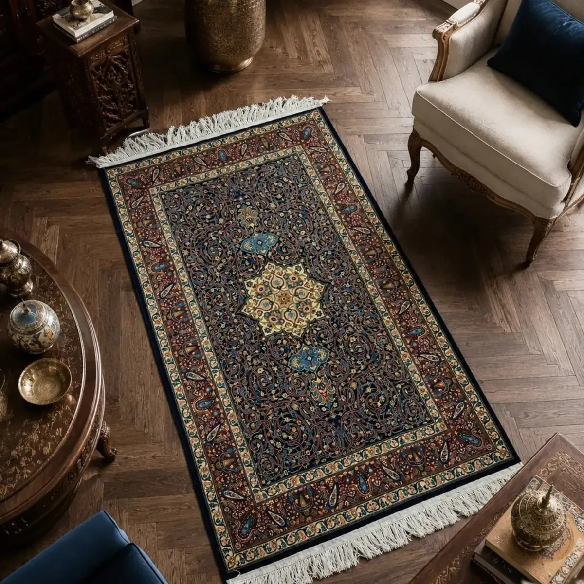 Royal Heritage Garden — Handmade Kashan Carpet shown in an interior setting