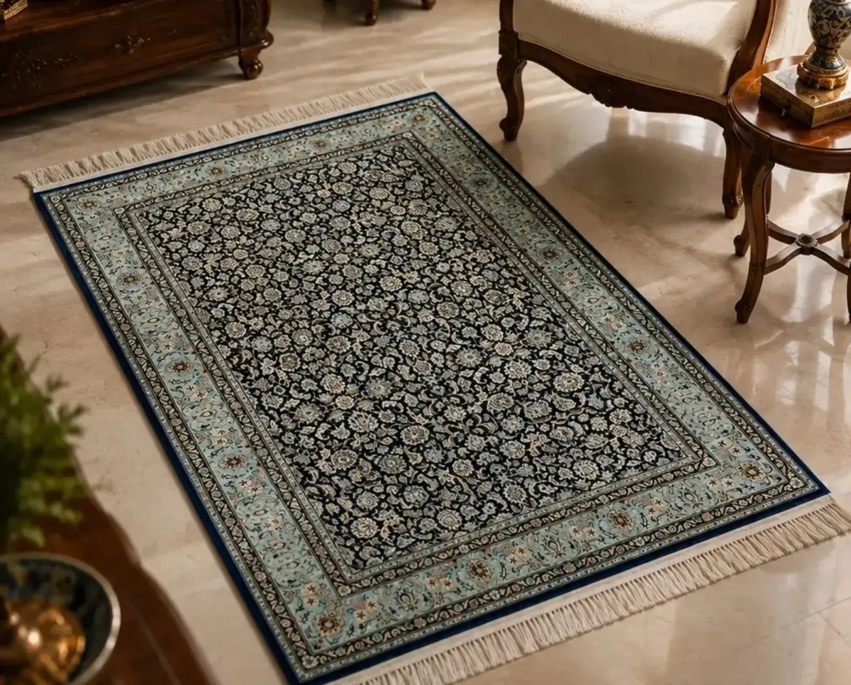 Imperial Midnight Afshan Silk Rug — Handmade Kashan Carpet shown in an interior setting
