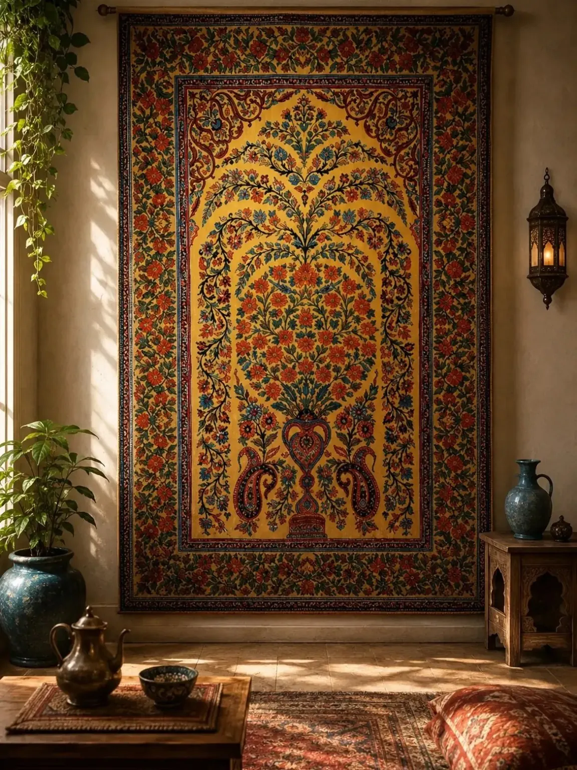 Ghamsar Tree of Life — Handmade Kashan Carpet in an interior setting