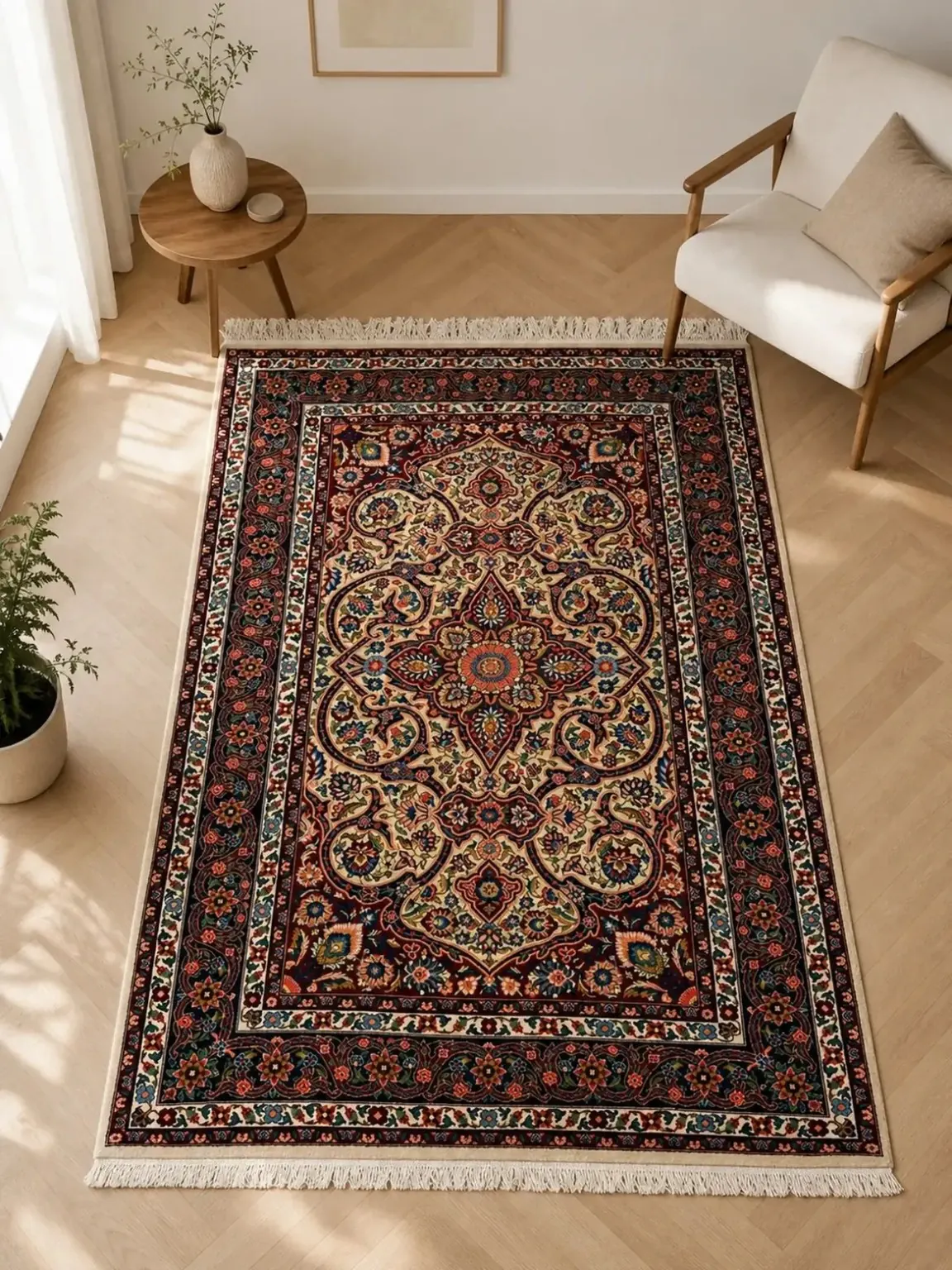 Shah Abbasi Floral Medallion handmade Kashan rug displayed in a bright interior