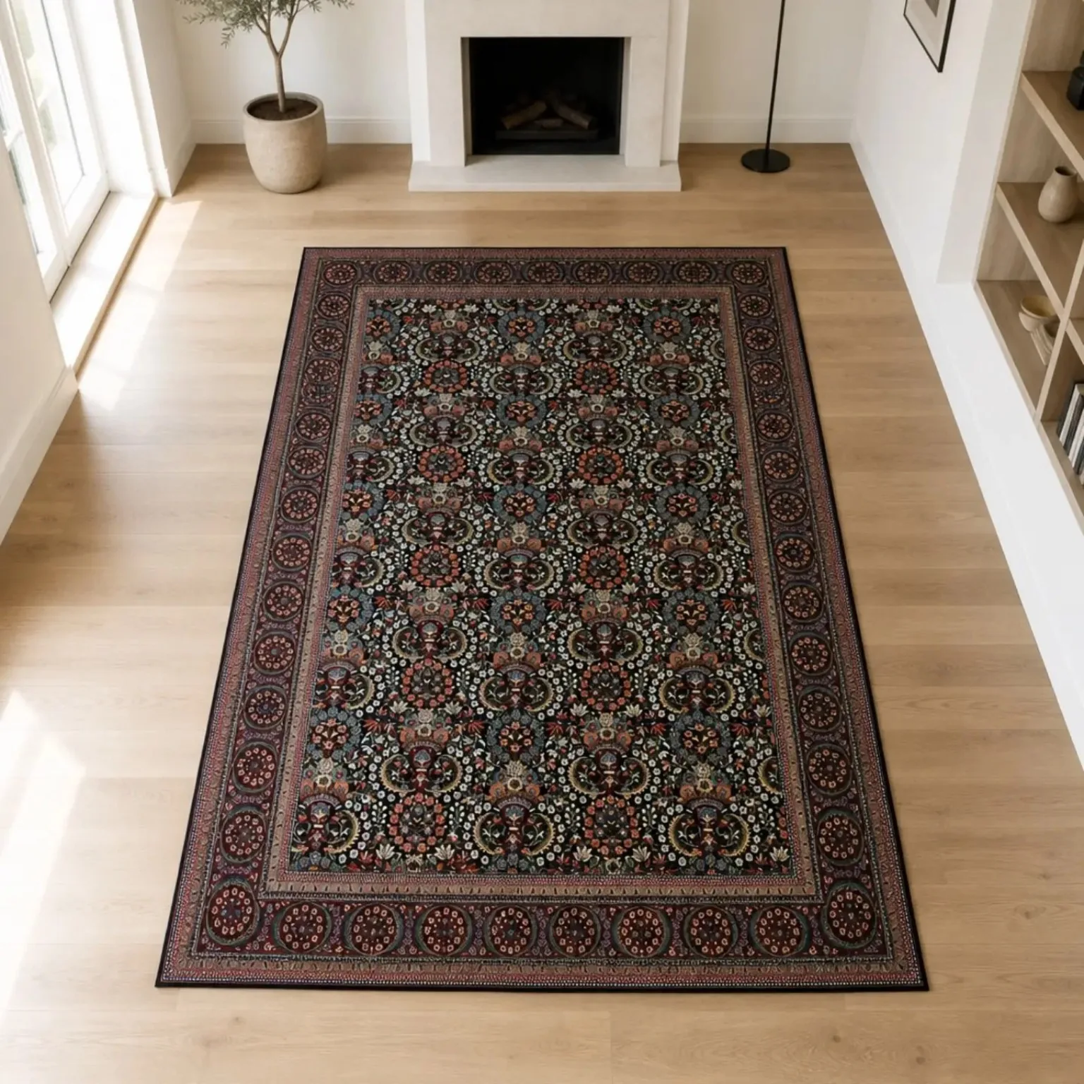 Afshan Golestan handmade Kashan rug shown in a bright living room