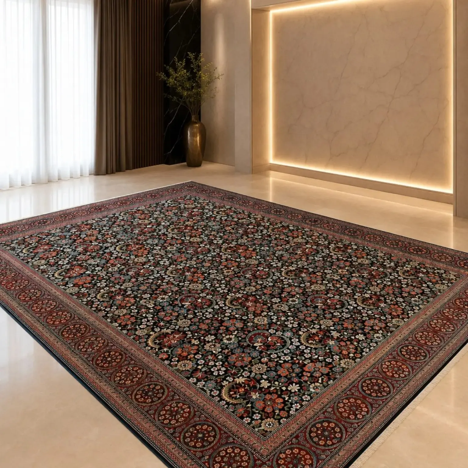 Afshan Golestan handmade Kashan rug shown from an angled interior view