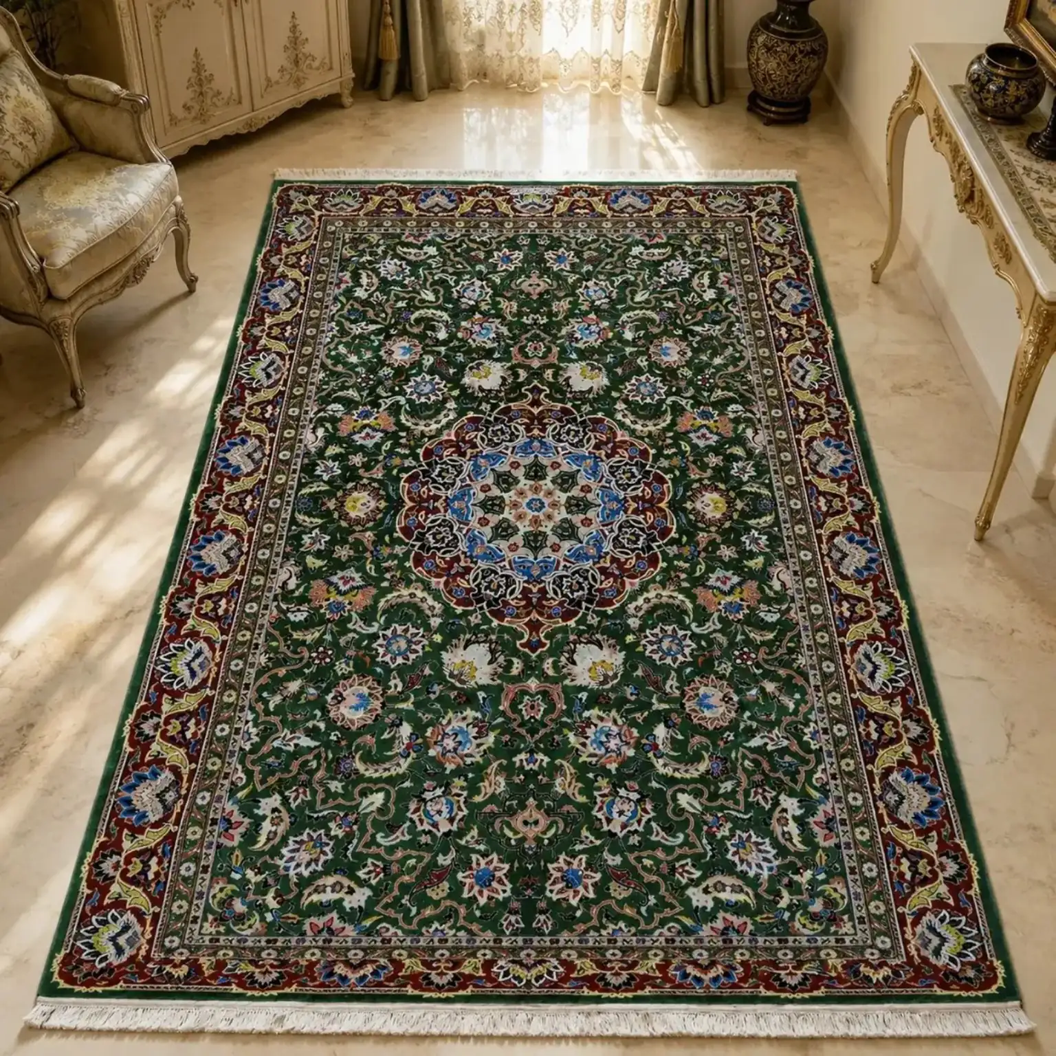 Sabz Baharestan Kashan rug displayed in a classic interior