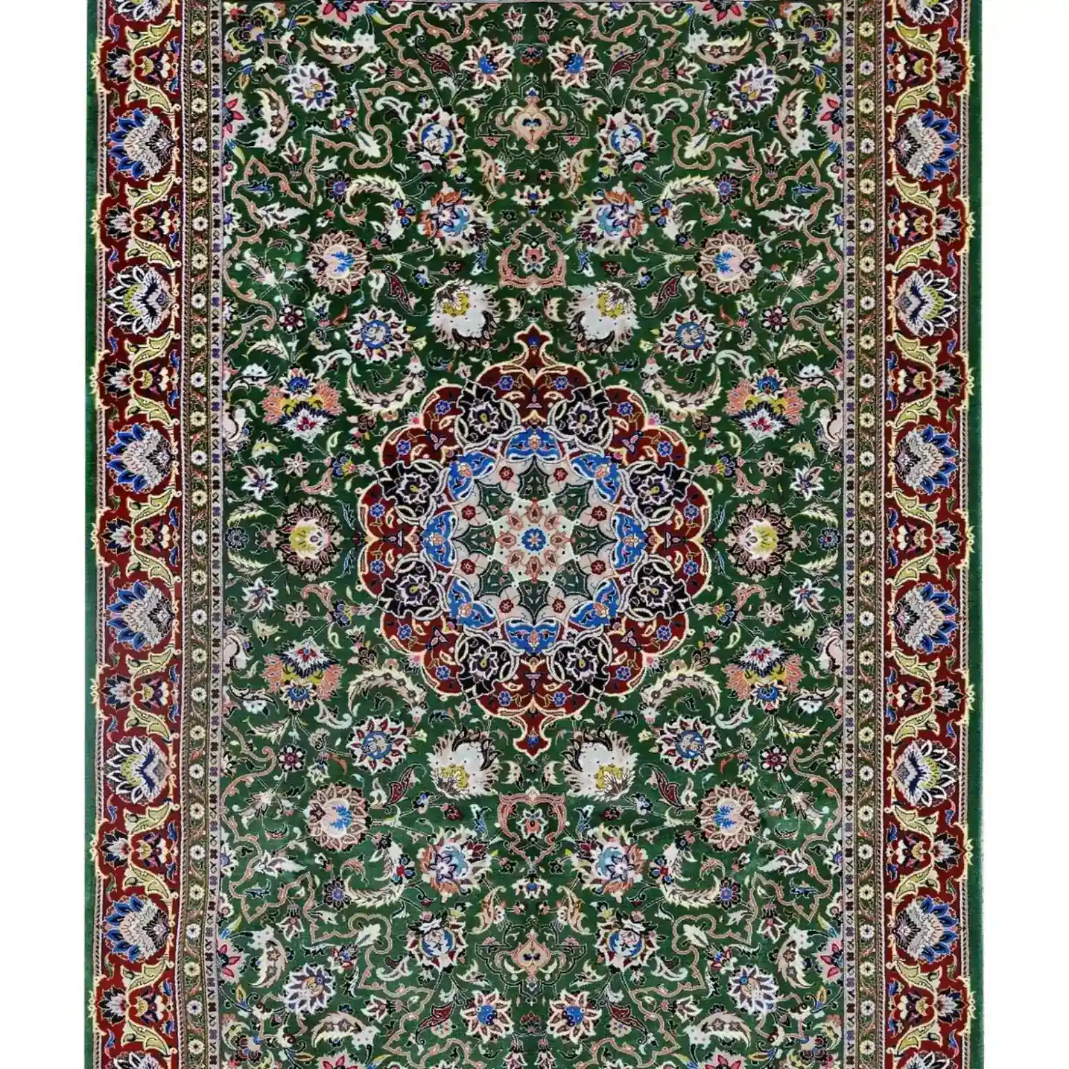 Sabz Baharestan handmade Kashan rug with green field and floral medallion, full view