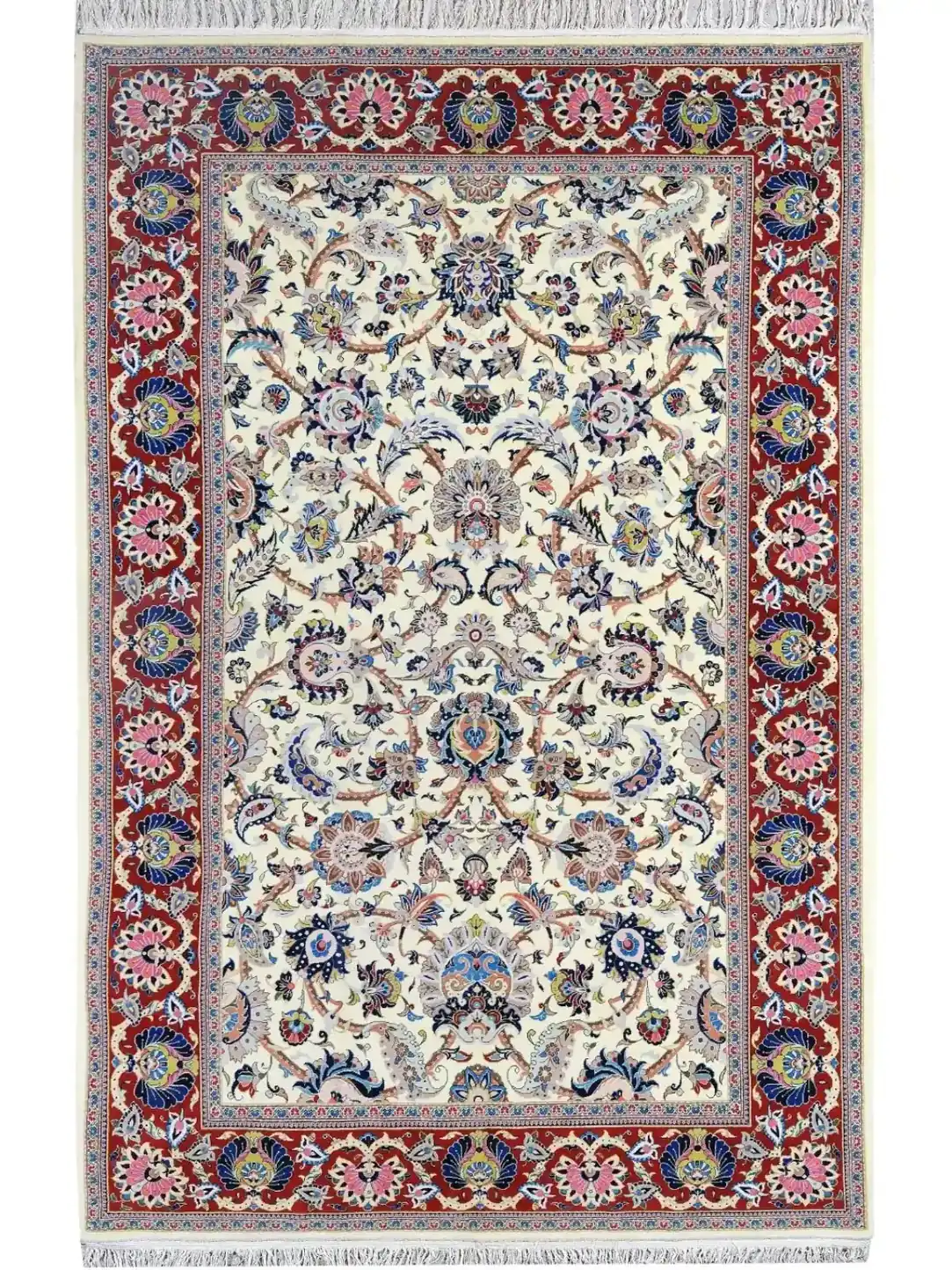 Ivory Shah Abbasi handmade Kashan rug with ivory field and red floral border, full view