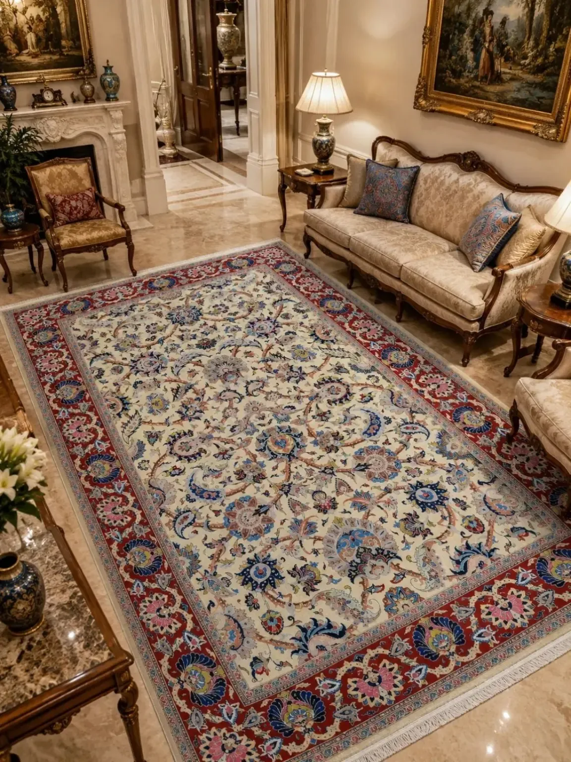 Ivory Shah Abbasi handmade Kashan rug displayed in a classic interior