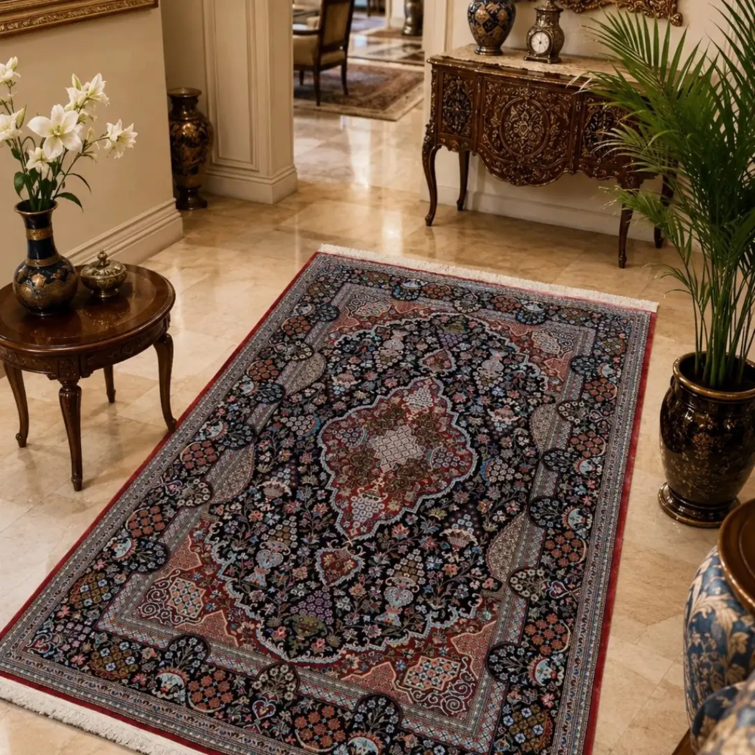Lachak Toranj handmade Kashan rug displayed in a classic interior