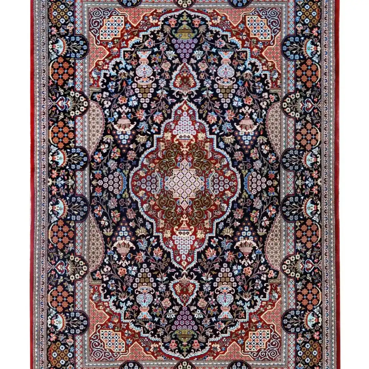 Lachak Toranj handmade Kashan rug with red medallion on a dark floral field, full view