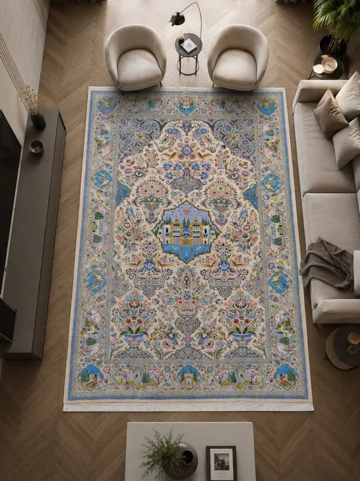 Bagh-e Behesht handmade Kashan rug displayed in a contemporary living room