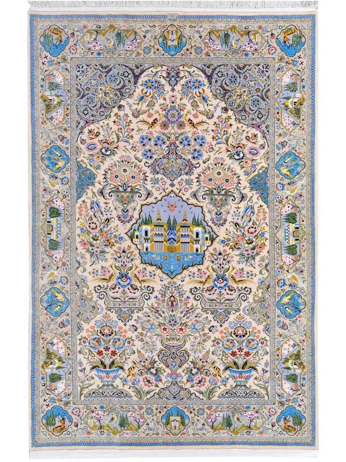 Bagh-e Behesht handmade Kashan rug with ivory field, palace pavilion, floral vases and pictorial garden border, full view