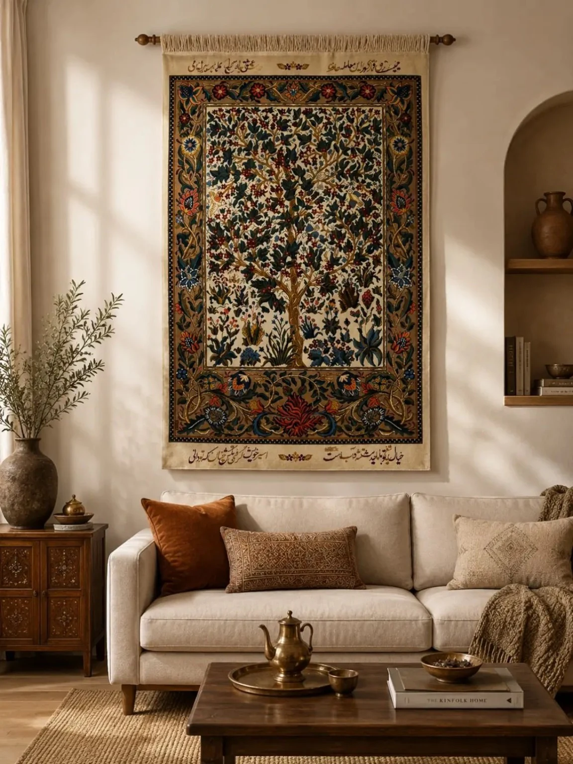 Tree of Life handmade Kashan rug displayed on a wall in a warm contemporary living room
