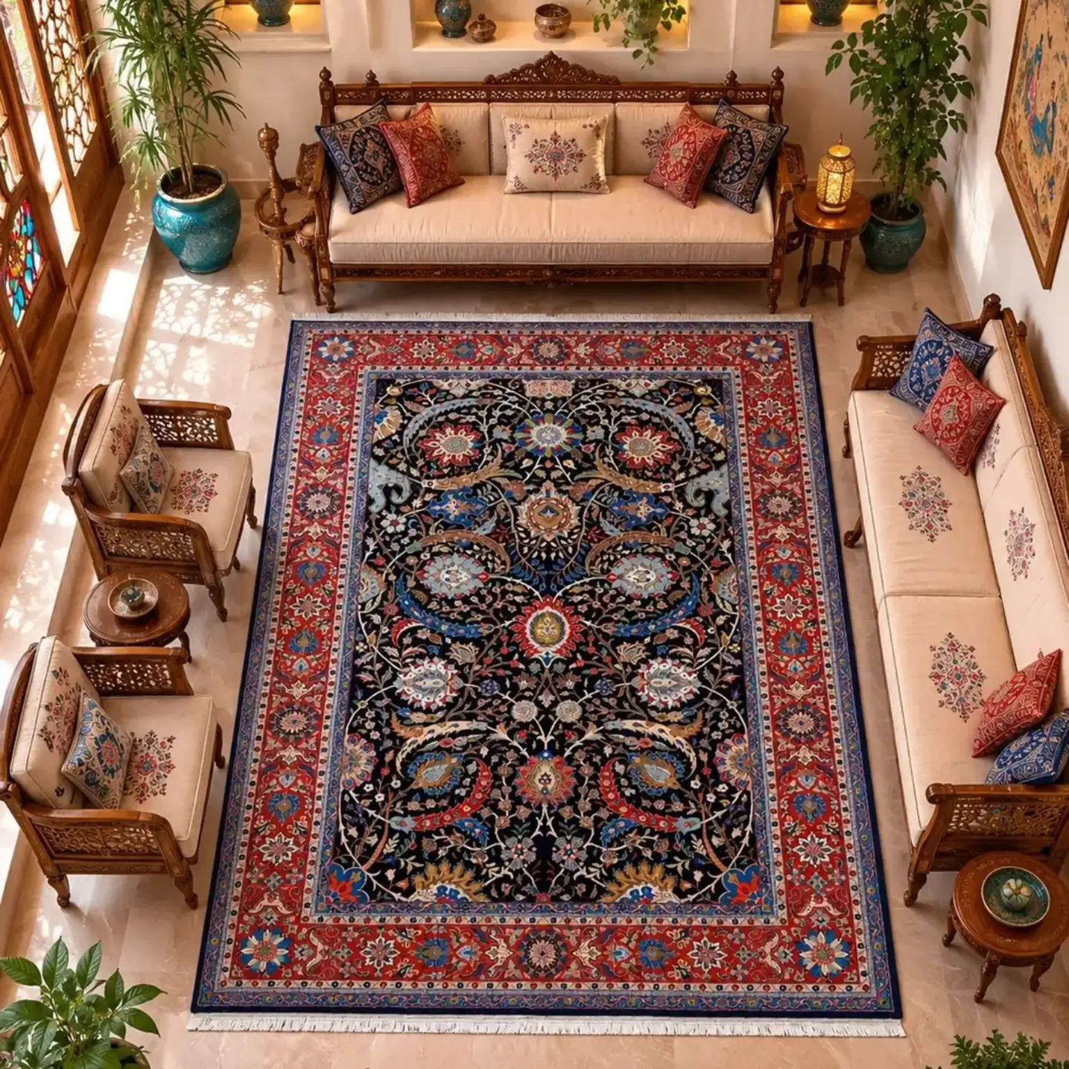 Shah Abbasi Islimi handmade Kashan rug displayed in a traditional Persian-inspired living room