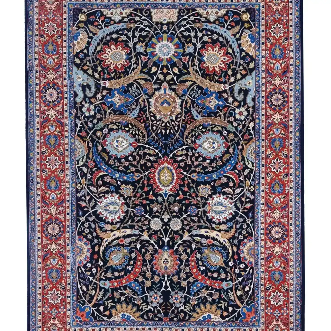 Full view of Shah Abbasi Islimi handmade Kashan rug with midnight field and red floral border