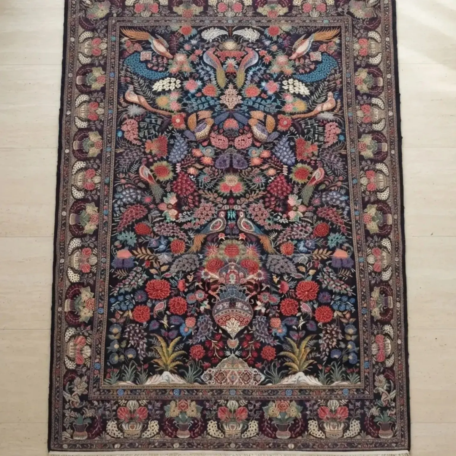 Full view of Golestan Paradise handmade Kashan rug with birds, flowers and vases on a midnight field