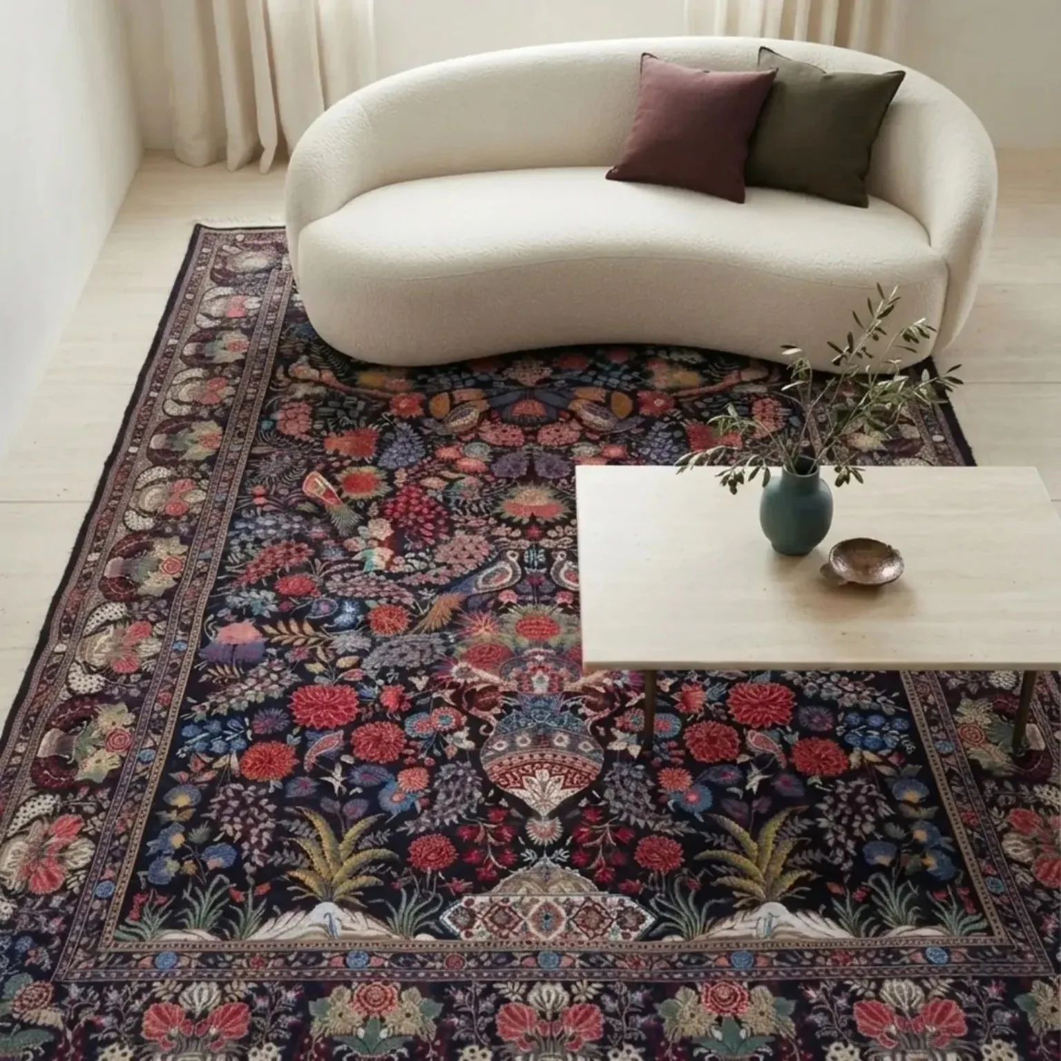 فرش دستباف کاشان گلستان بهشت در فضای داخلی شیک و مبله