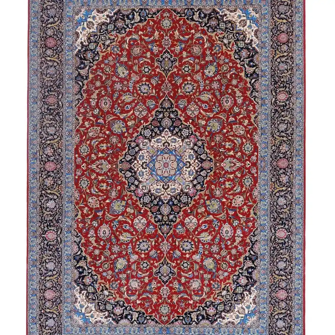 Full view of Royal Tabriz Medallion handmade Kashan rug with red field, central medallion and silk foundation