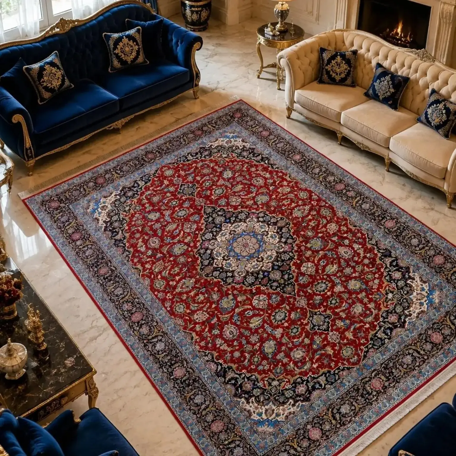 Royal Tabriz Medallion handmade Kashan rug displayed in an elegant blue and ivory interior
