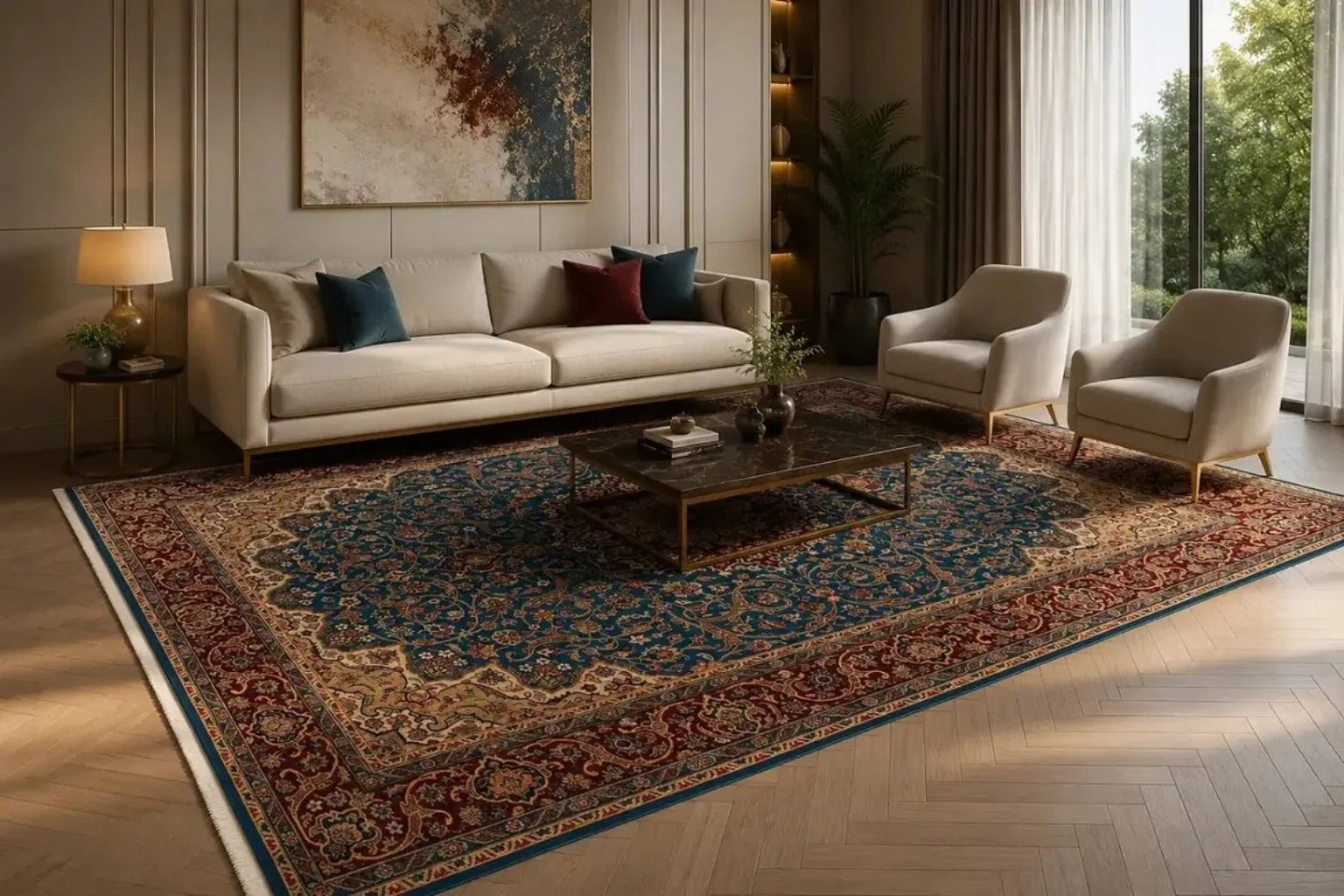 Imperial Isfahan Medallion handmade Kashan rug displayed in an elegant contemporary living room