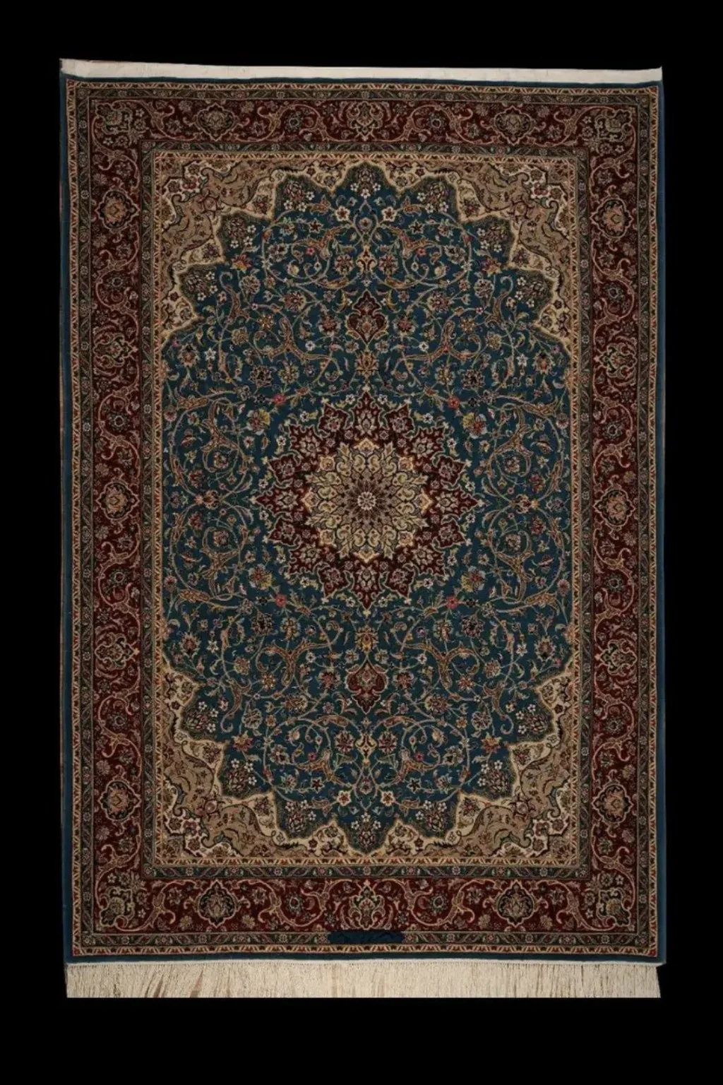 Full view of Imperial Isfahan Medallion handmade Kashan rug with teal field, burgundy border and Shah Abbasi flowers