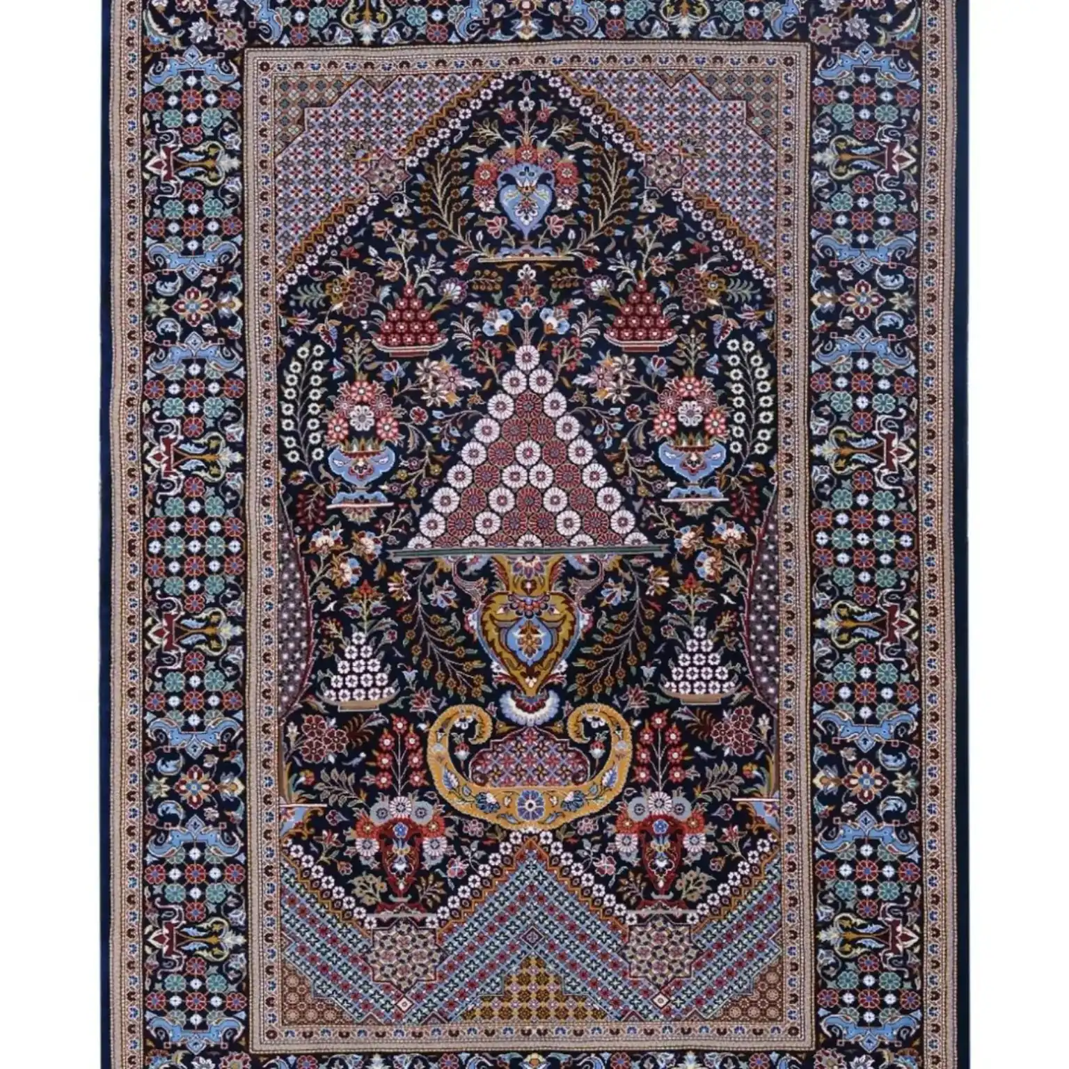 Full view of Royal Tree of Life handmade Kashan rug with midnight field, floral vases, birds and botanical border