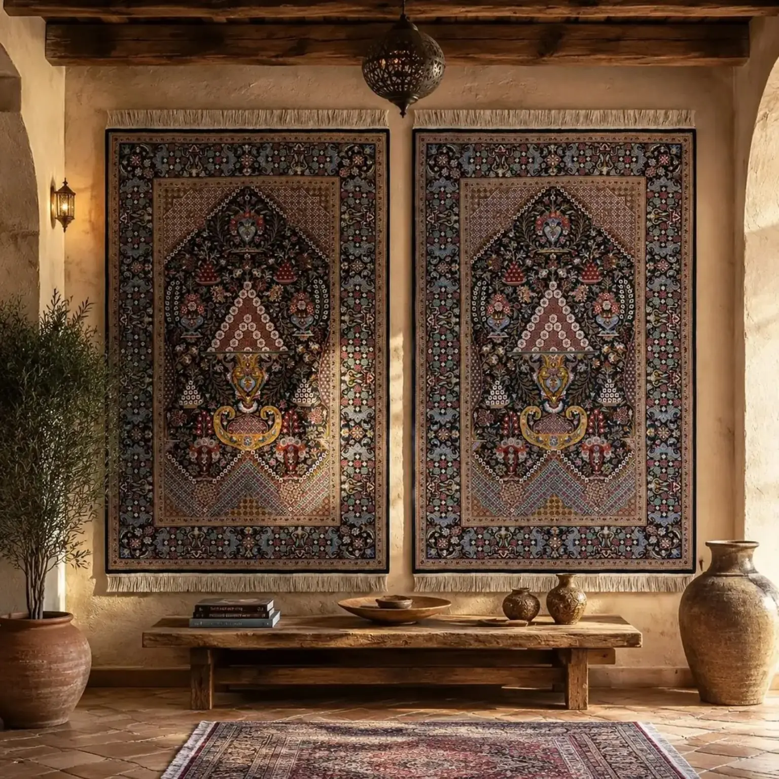 Two matching Royal Tree of Life Kashan rugs displayed on a warm traditional interior wall