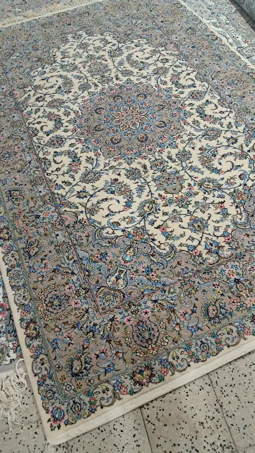 Verified view of the matching Sacred Lachak Toranj handmade Kashan carpet pair with ivory field and floral medallion