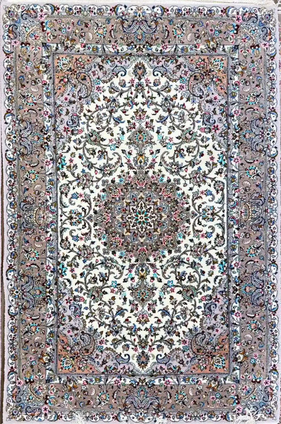 Verified frontal view of Sacred Lachak Toranj handmade Kashan carpet with ivory field, taupe medallion and salmon-toned corners