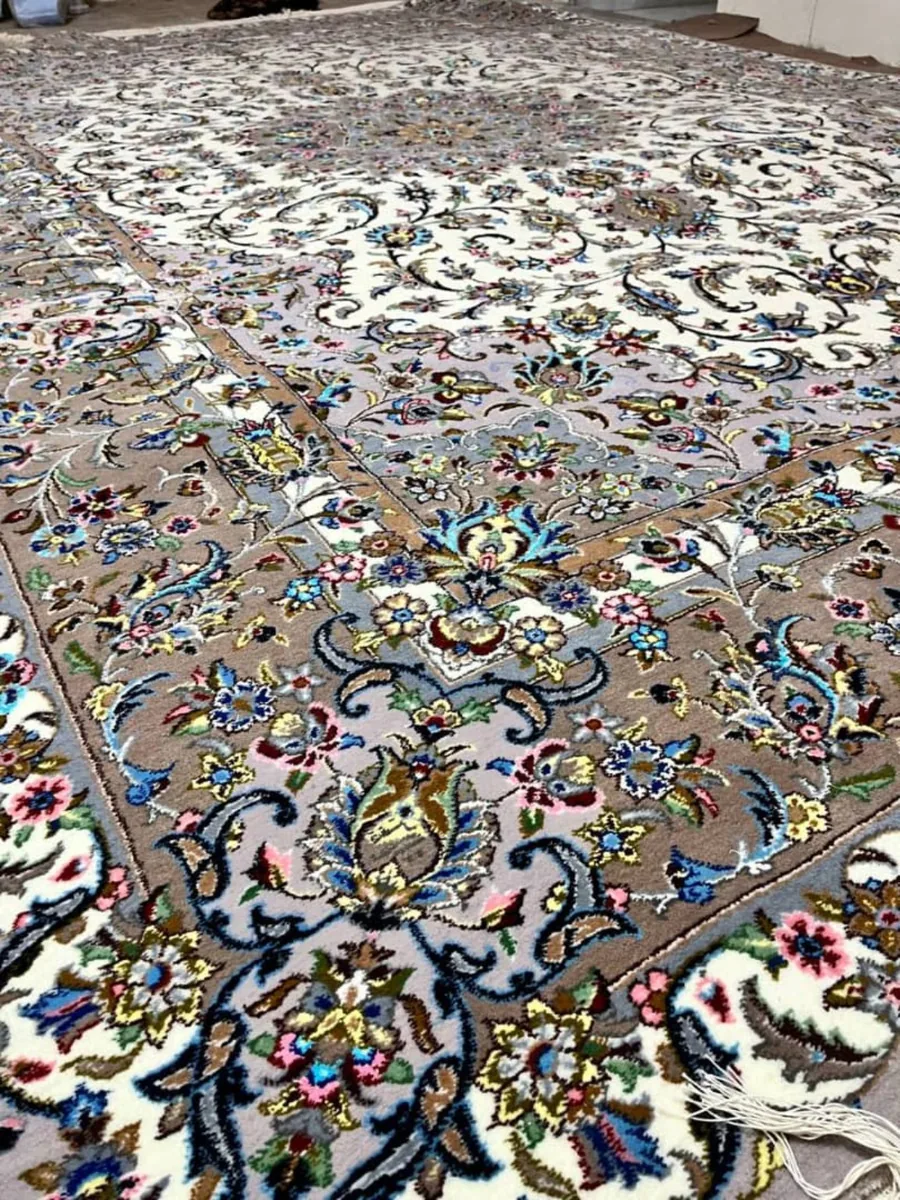 Verified close detail of silk floral motifs and fine drawing on Sacred Lachak Toranj Kashan carpet PRR-KH-027