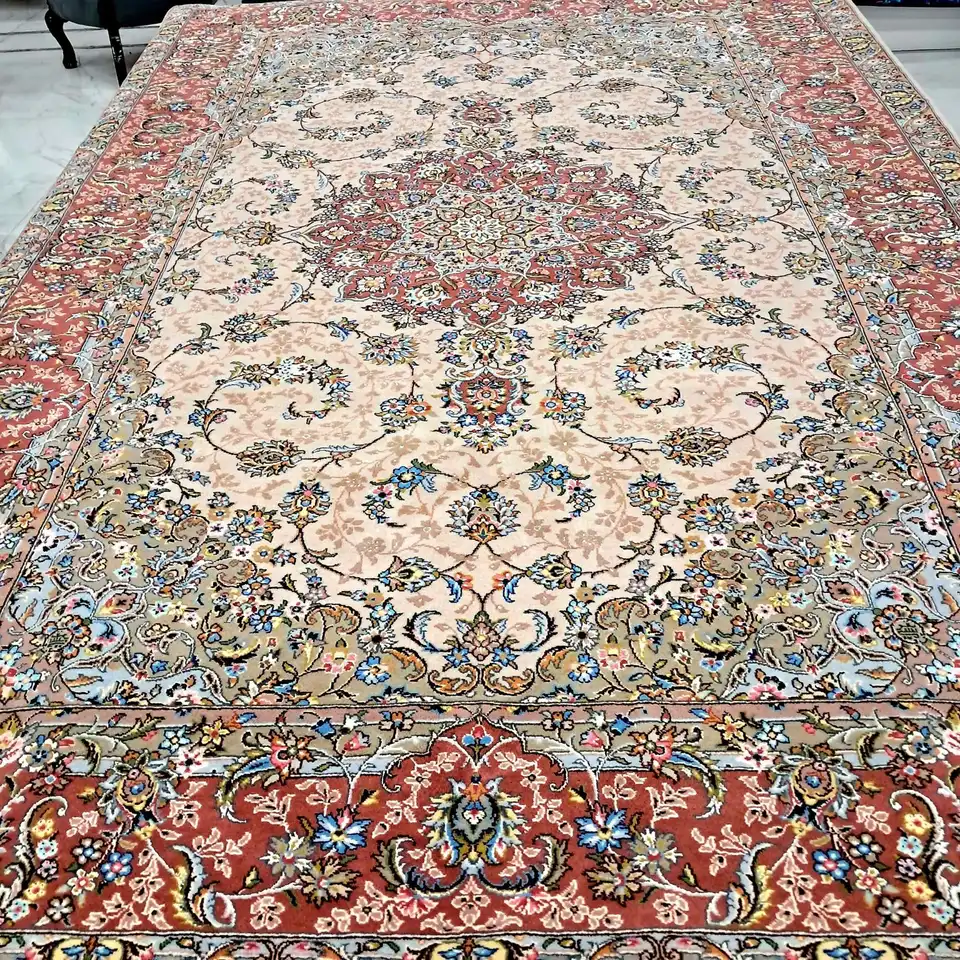Full view of PRR-KH-031 Royal Isfahan Medallion handmade Kashan carpet with a warm peach field and rust-red floral border