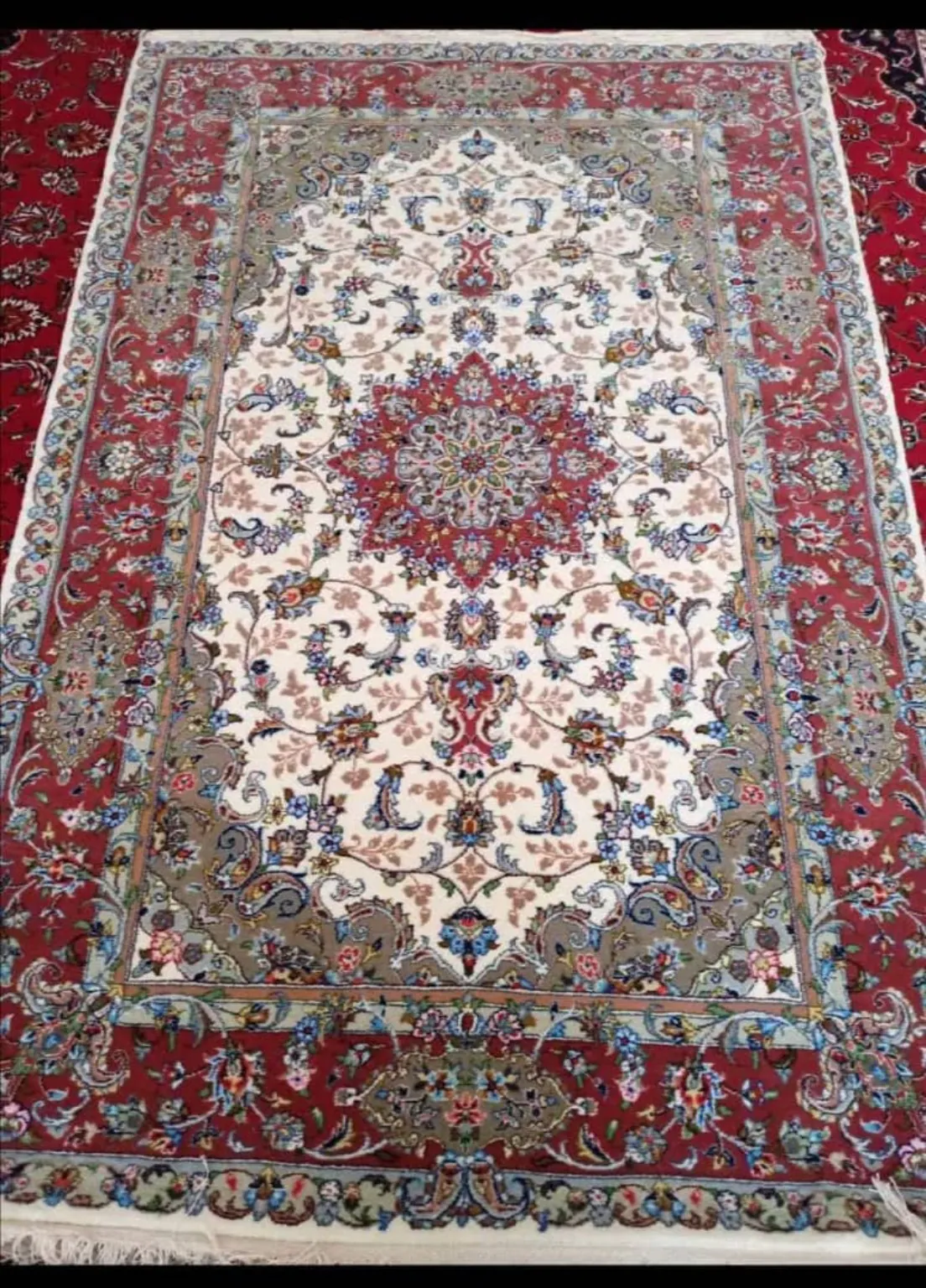 Full view of PRR-KH-032 Persian Scarlet Harmony handmade Kashan carpet