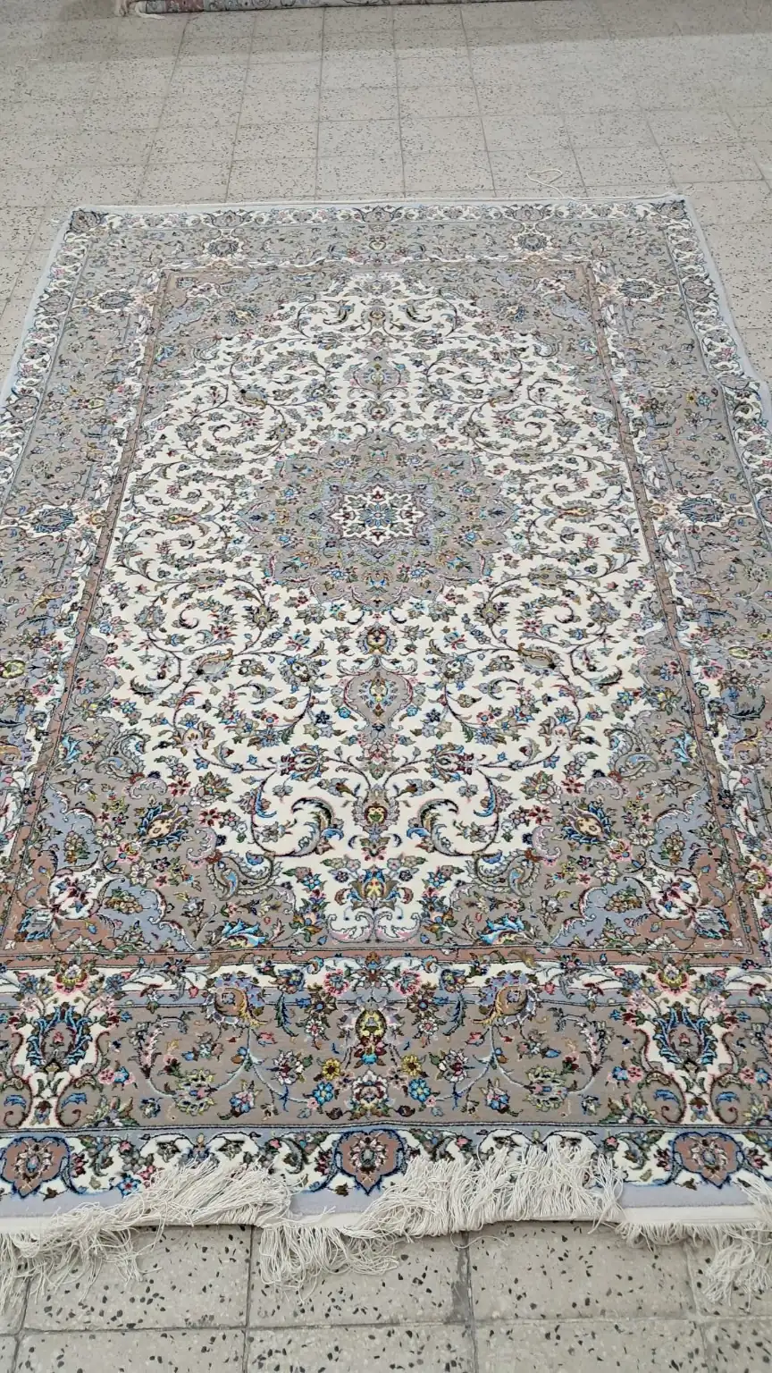 Verified full view of PRR-KH-037 Royal Pearl Harmony handmade Kashan carpet with pearl-ivory field and taupe floral border