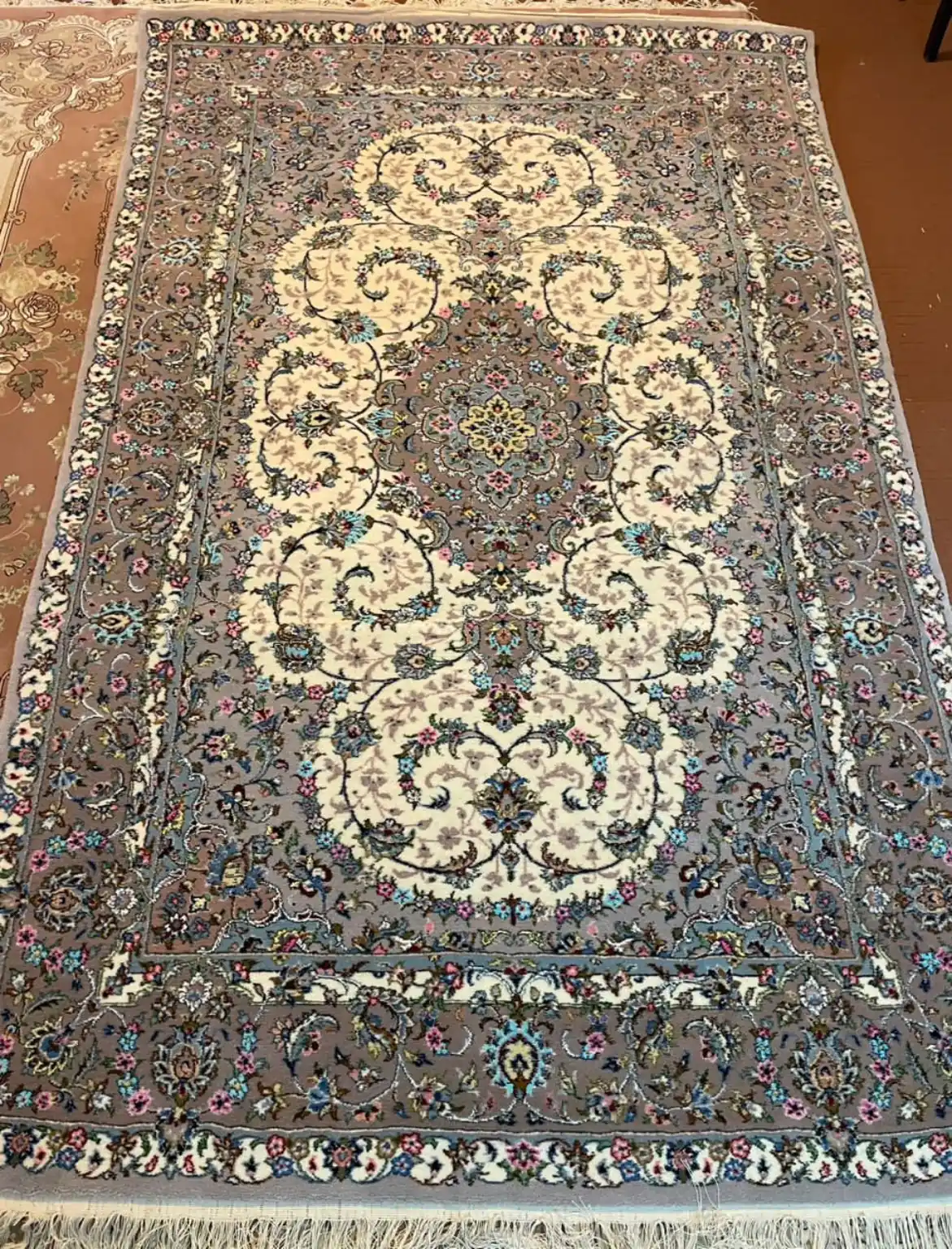 Verified full view of PRR-KH-038 Imperial Ivory Symphony handmade Kashan carpet with ivory field, taupe-grey border and central medallion
