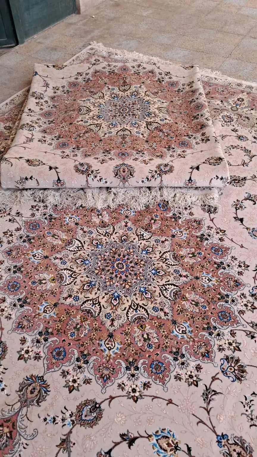 Verified view of PRR-KH-039 Imperial Blush Majesty matching Kashan carpet pair with blush field and dusty rose medallions