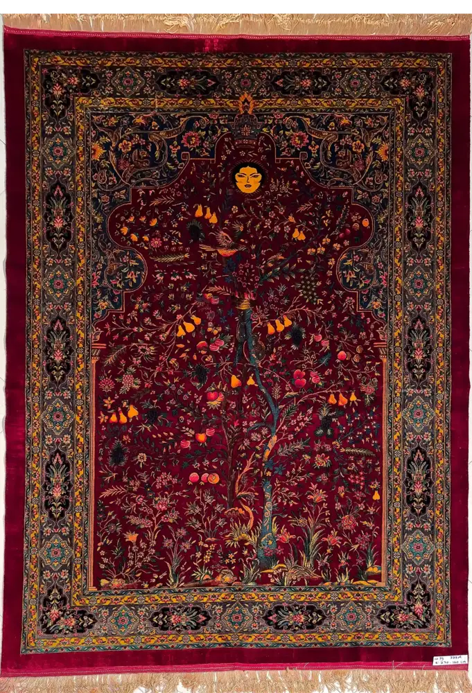 Khorasan Persian Hand-Knotted Silk Carpet, Tuba Tree, Lac Red, 4 m² by Persian Royal Rug
