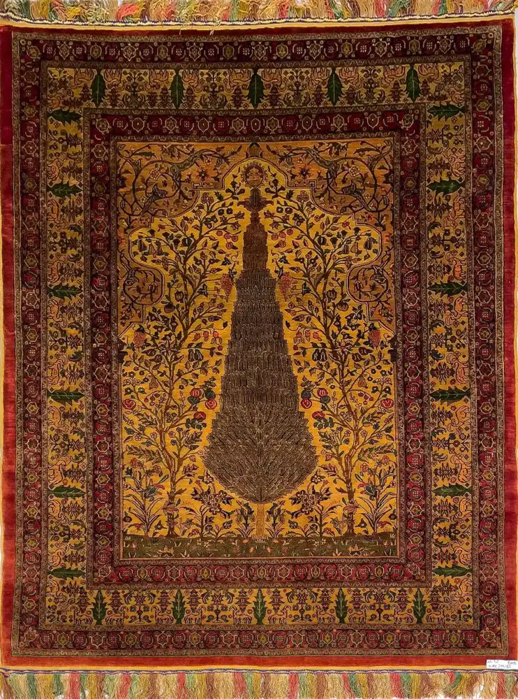 Khorasan Persian Hand-Knotted Silk Carpet, Cypress Tree, Cream, 244 × 182 cm by Persian Royal Rug