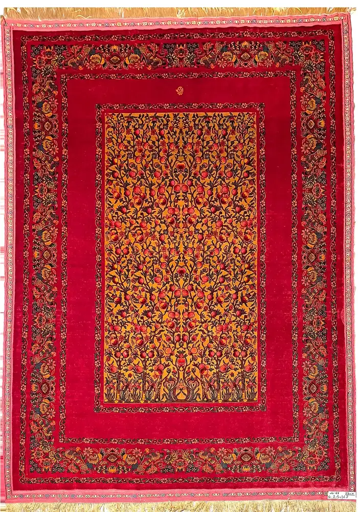 Khorasan Persian Hand-Knotted Silk Carpet, Pomegranate Tree, Onion-Skin Pink, 205 × 147 cm by Persian Royal Rug