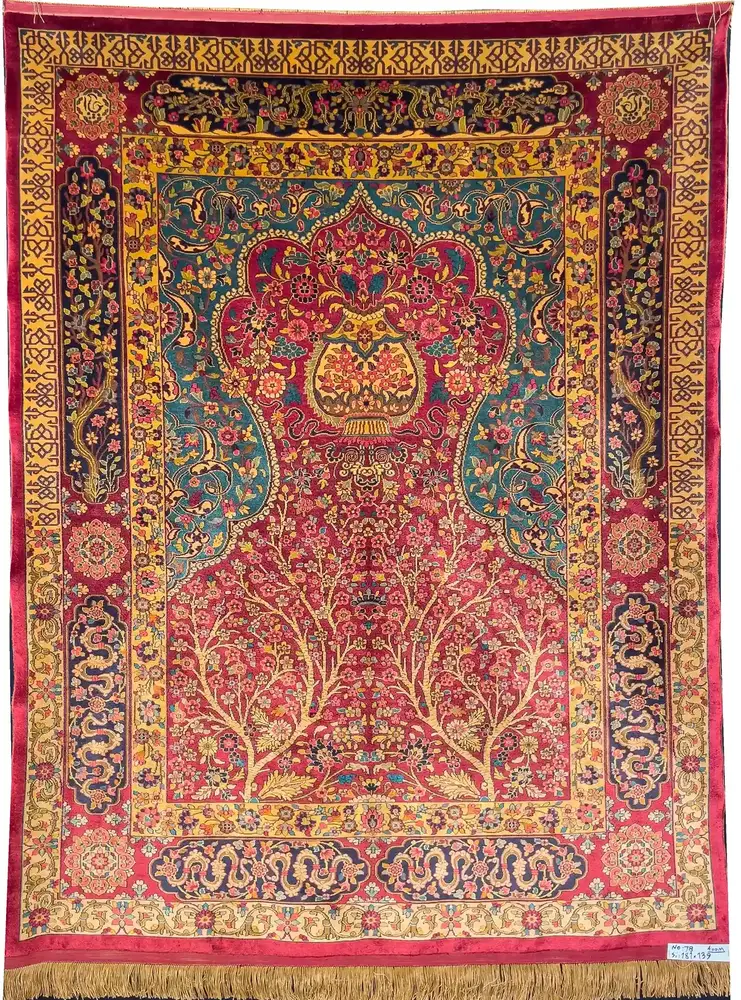 Tapis persan en soie du Khorasan noué à la main, Harke n° 2, Rouge laqué, 181 × 139 cm - image produit 1