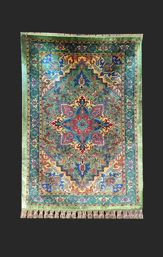 Tapis persan en soie du Khorasan noué à la main, Heriz, Vert, 145 × 95 cm - image produit 1