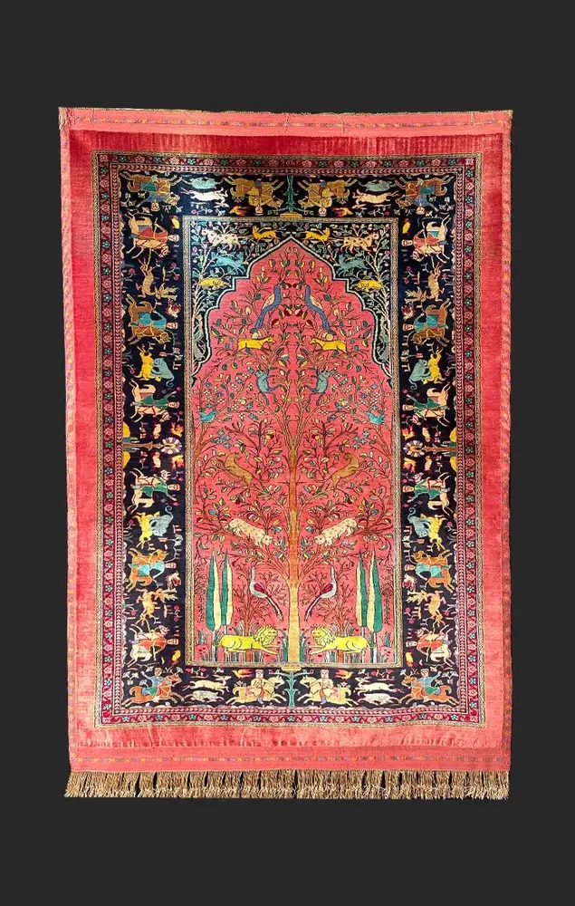 سجادة فارسية حرير من خراسان معقودة يدويًا، محتشم، وردي، 172 × 115 سم - صورة المنتج 1