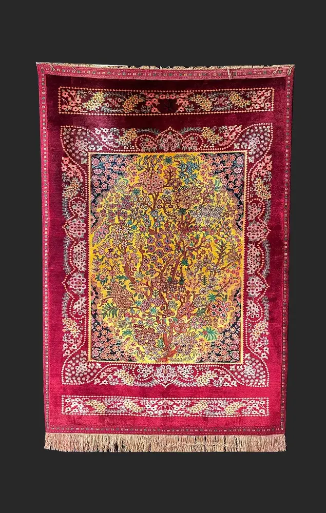 فرش دستباف ابریشم خراسان، درختی، طلایی، 162 × 103 سانتیمتر - تصویر محصول 1
