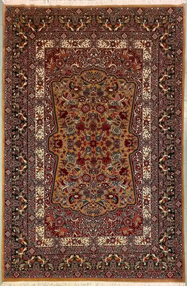 呼罗珊波斯羊毛真丝手工打结地毯, 宫廷, 金色, 200 × 300 厘米 - 产品图片 1