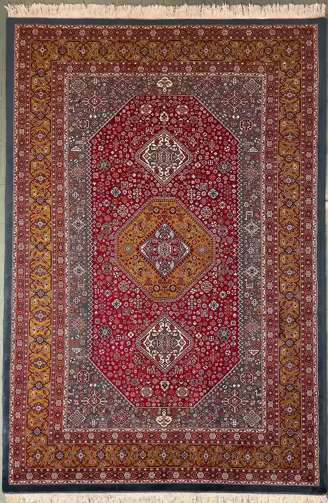 Khorasan Persian Hand-Knotted Wool & Silk Carpet Pair, Qashqai, Lac Red, 200 × 300 cm by Persian Royal Rug